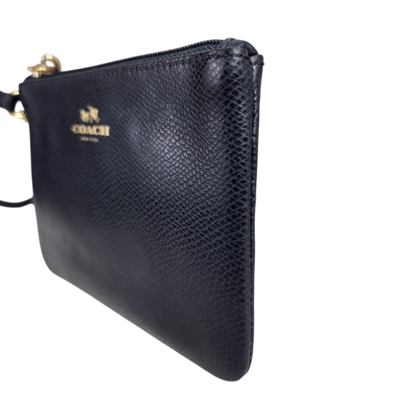 Coach Corner Zip Small Wristlet Crossgrain Leather Navy Blue Pouch Gold Hardware - Picture 4 of 10
